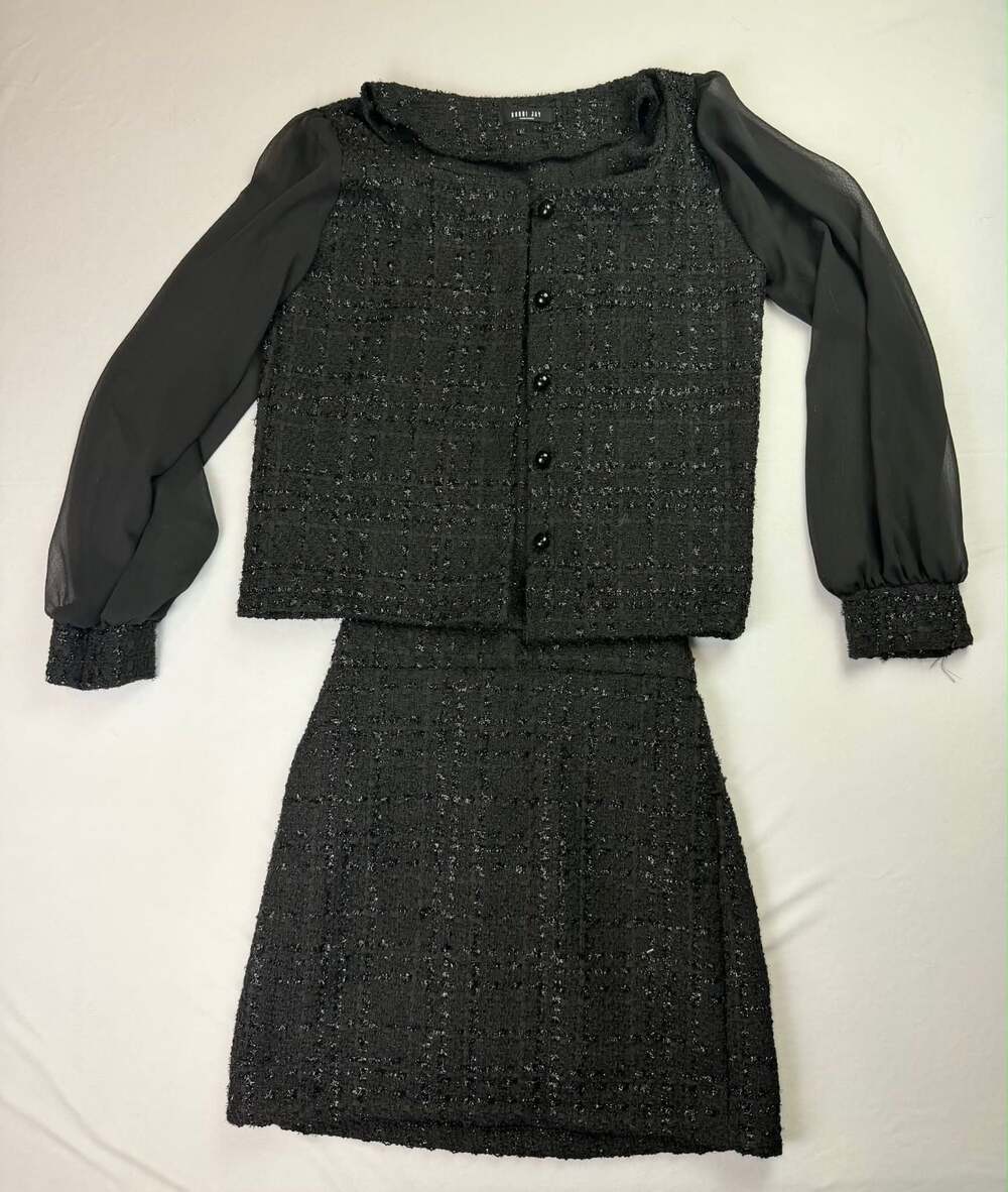 Bobbi Jay Black Shimmer Tweed Skirt Suit with Sheer Chiffon Balloon Sleeves